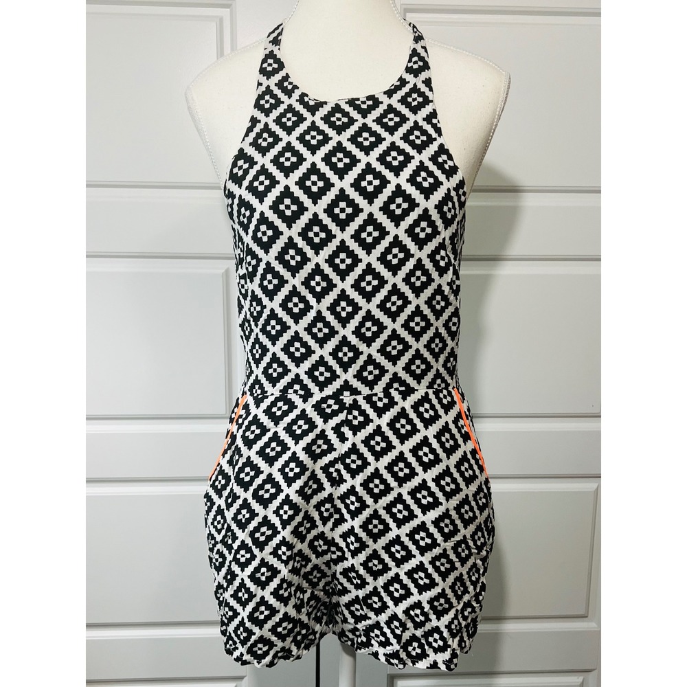 Halter Romper Black‎ White Geometric Print Neon Trim Tie Back Small